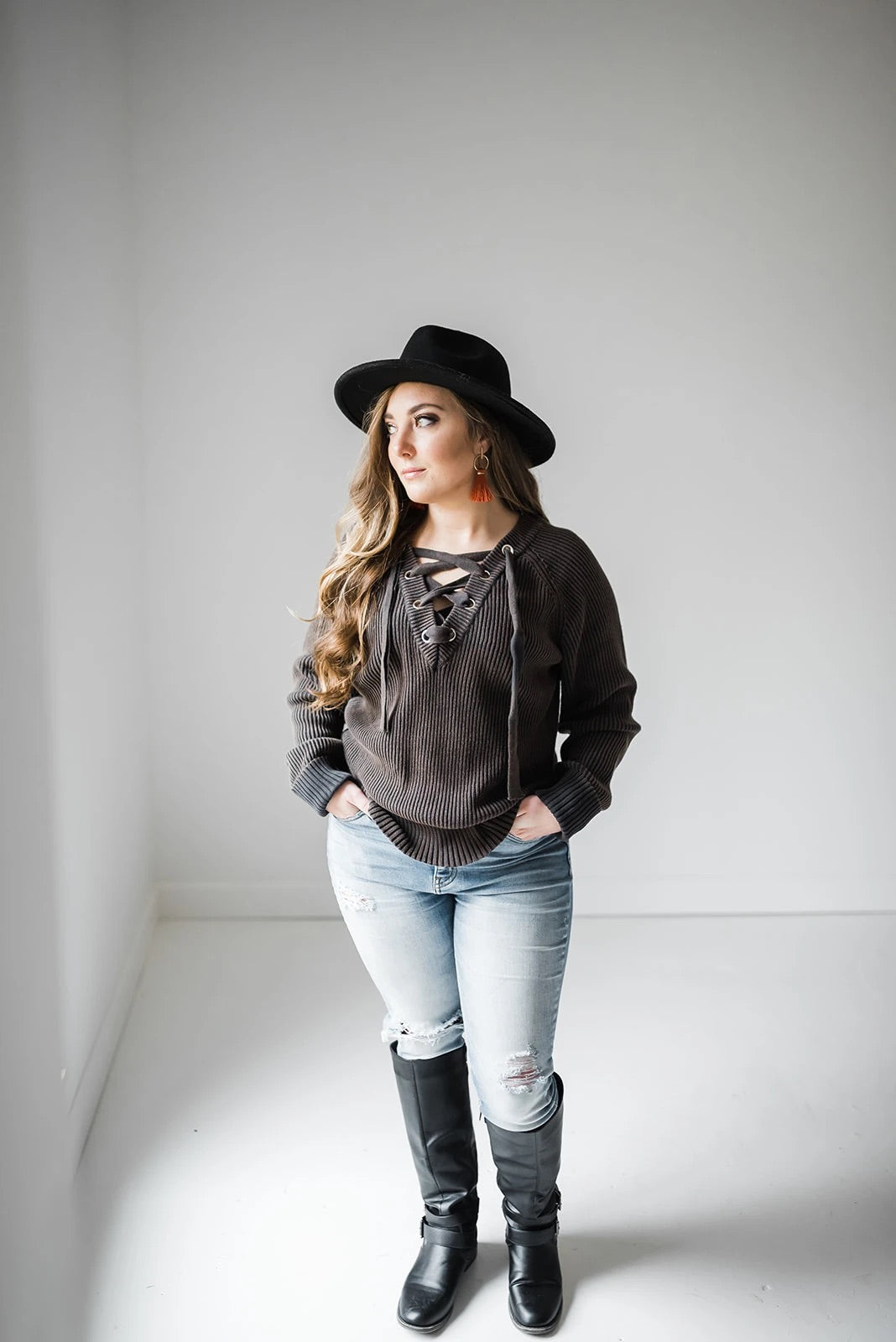 Black Mineral Washed Lace Up Sweater